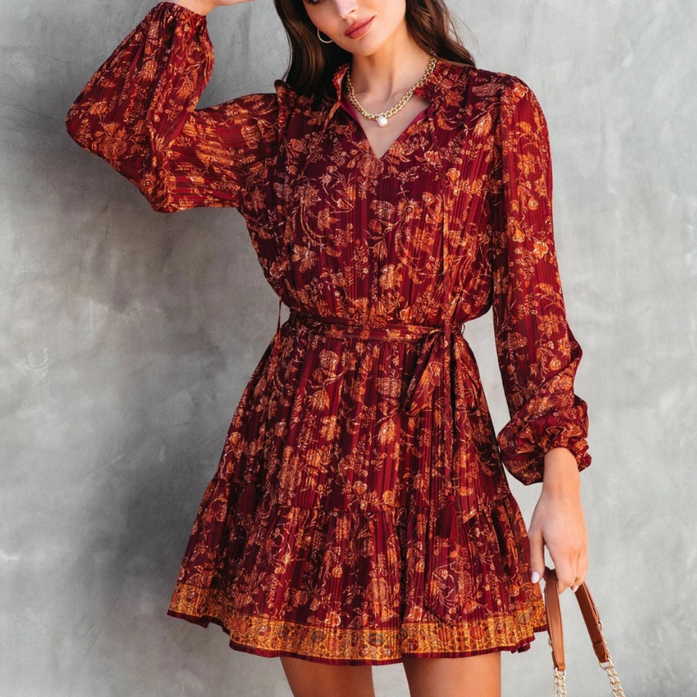 Vici Burgundy and Mustard Floral Long Sleeve Dress